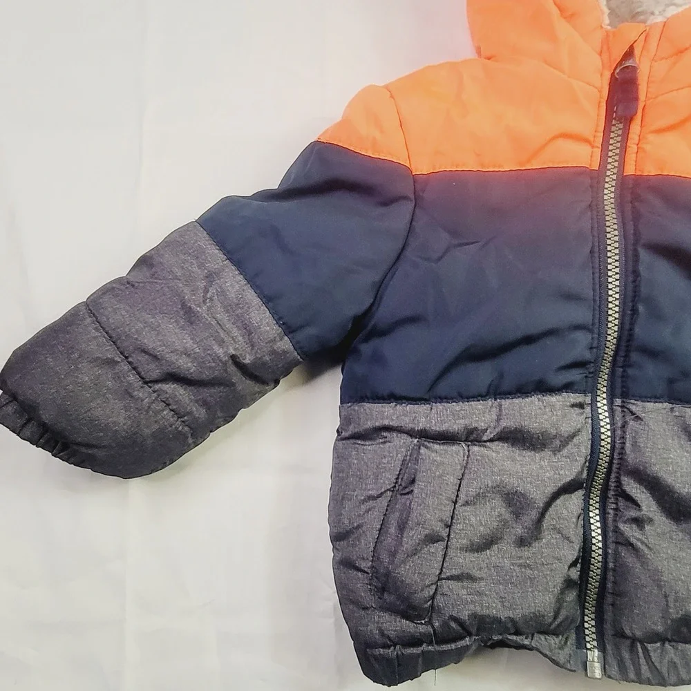 OshKosh Kids B'gosh Colorblock Puffer Jacket Size 18M Orange Navy Gray Hooded